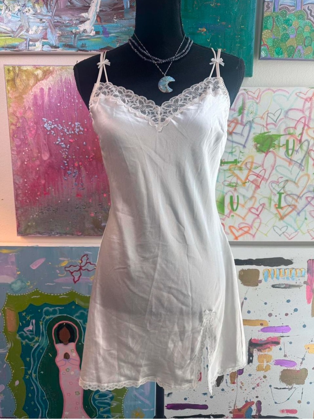 Victoria's Secret White Lace-Trim Satin Slip